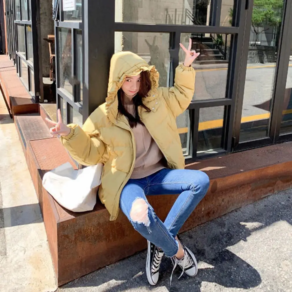 

Winter Jacket Solid Color Patch Pocket Zipper Closure Hooded Cardigan Keep Warm Casual Wear Short Bread Overcoat Women Clothes