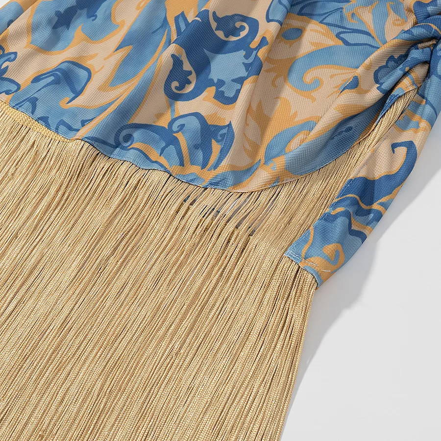 Abito con giuntura con finiture in nappa Abiti da sera a pieghe vintage da donna Nuovi abiti da donna sexy con nappe Abito con stampa floreale senza maniche