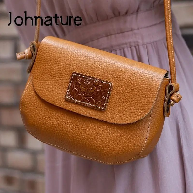 Johnature Genuine Leather Retro Women Bag 2024 New Versatile Natural Real Cowhide Solid Color Simple Shoulder & Crossbody Bags