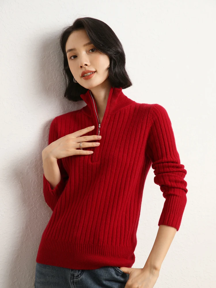 MEETCC nouveau femmes 100% cachemire mince pull pull col rabattu doux chaud tricots automne hiver demi fermeture éclair pulls