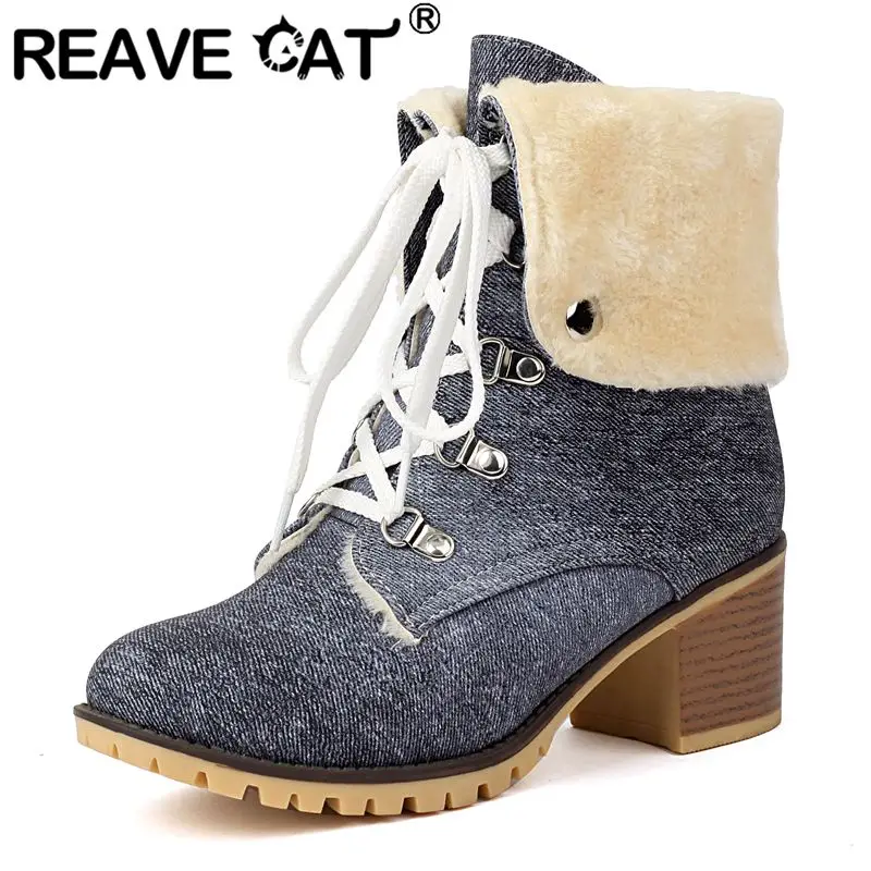 

REAVE CAT Fur Женские ботильоны с круглым носком на массивном каблуке со шнуровкой, размеры 41, 42, 43, повседневные женские зимние ботильоны для отдыха