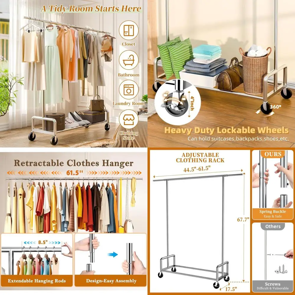 

Sturdy Metal Rolling Clothes Rack with Wheels and Hanging, 500 lbs Capacity, Chrome Finish