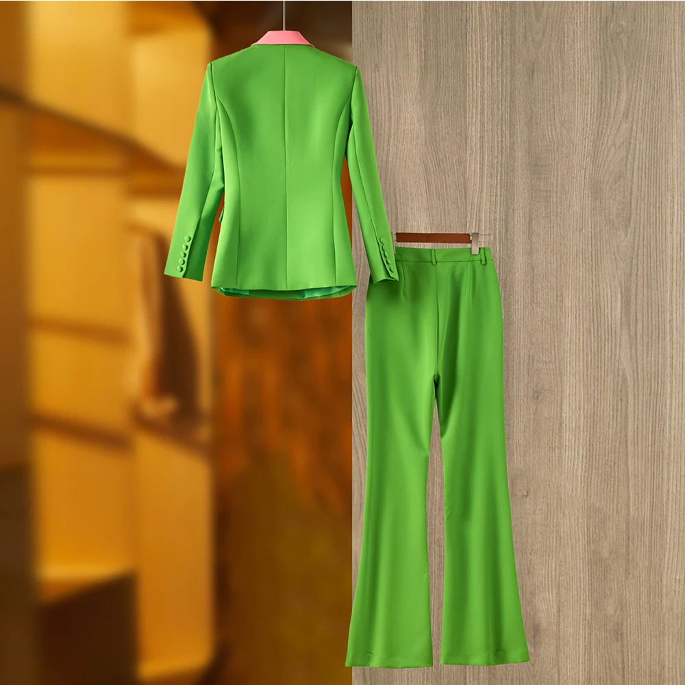 Office Lady Fresh Color Pink Collar Patchwork Green Blazer Suits 2PCS Regular Fit Wide-leg Pants Women Outfits