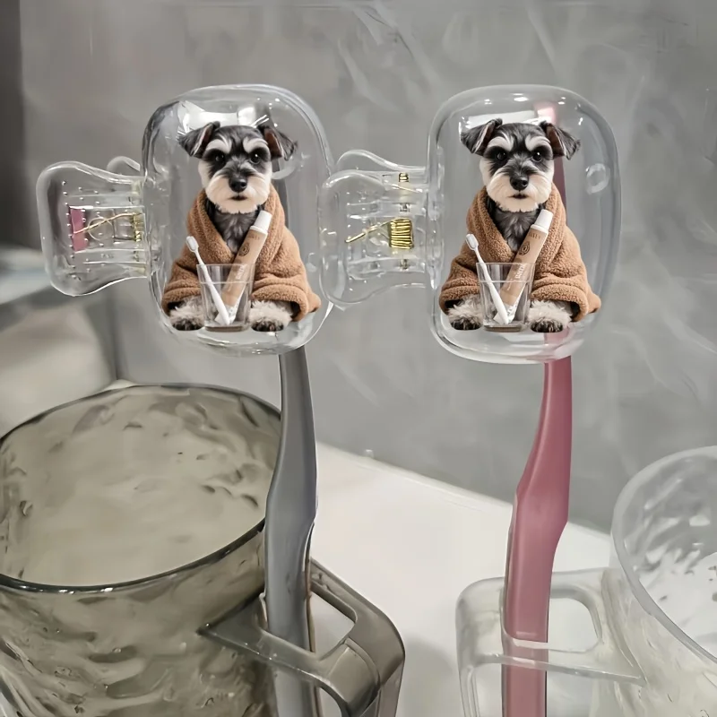 2pcs Schnauzer Dog Wearing a Bathrobe with a Toothbrush Set Portable Toothbrush Head Cover Ideal Holiday Gift Birthday Gift