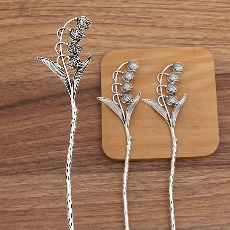 10PCS 4.1cm*18cm Colorful Lily of the Valley Hair Stick Alloy Floral Hair Forks Long Hairpin DIY Bun Head Hair Accessories