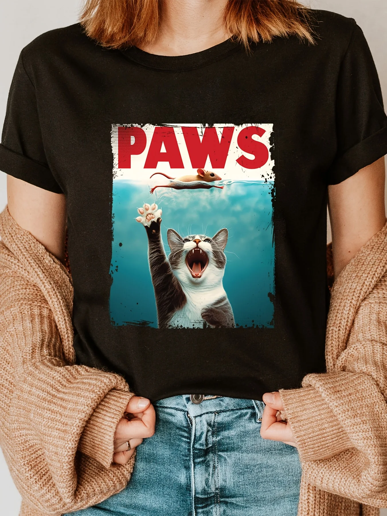 المرأة عارضة تي شيرت مع PAWS محاكاة ساخرة القط والفأر طباعة طاقم الرقبة قصيرة الأكمام طفيف تمتد نسيج متماسكة كل موسم