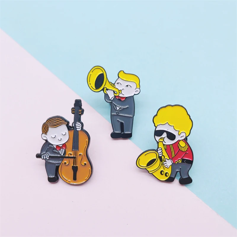 Creative Cute Characters Playing Music Enamel Pins Musical Instrument Saxophone Guitar Trumpet Alloy Brooch Badge Woman Jewelry