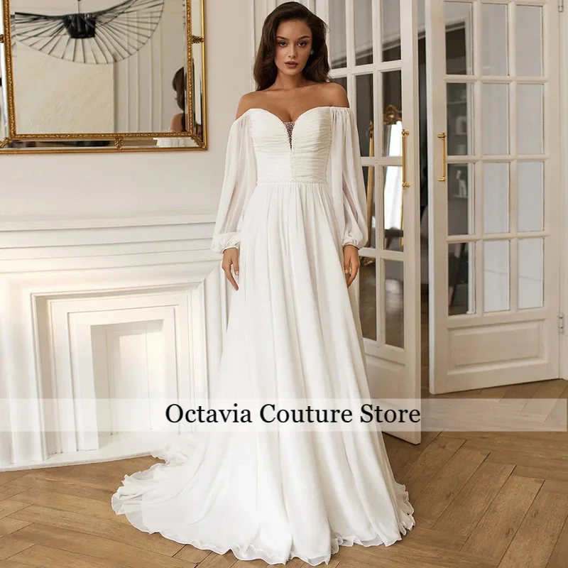 Simple Beach Wedding Dress for Bride Customized Puff Sleeves V Neck Beading Pleat A Line Sweep Train Corset Bridal Gown