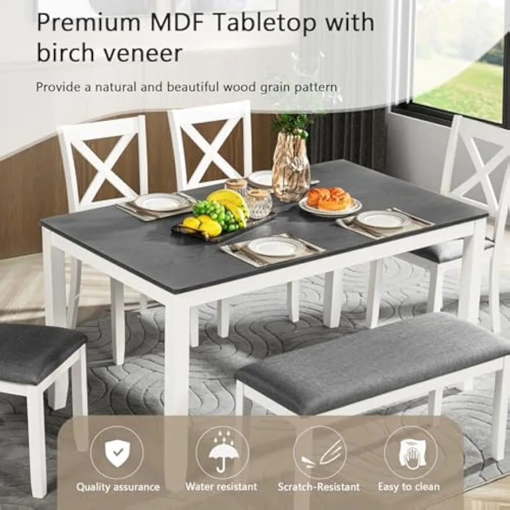 6-teiliges Esszimmerset mit Holztisch, gepolsterter Bank und 4 Stühlen mit gekreuzter Rückenlehne