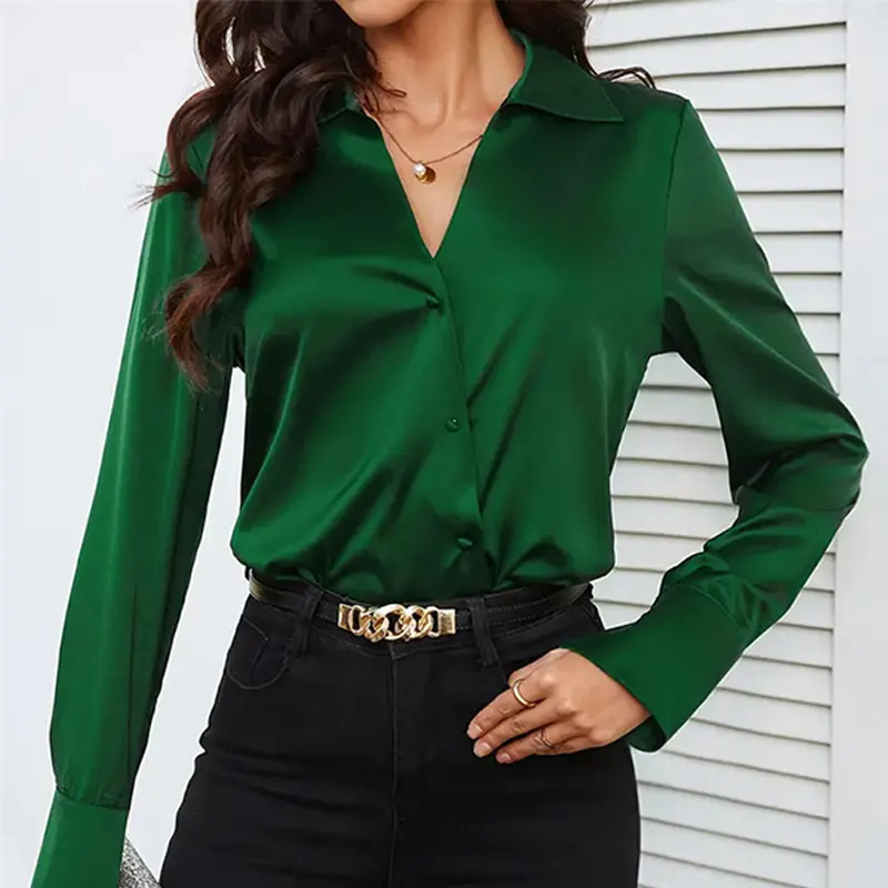 New Long-Sleeved Satin Shirt Femininity Advanced Sense Light Luxury 2024 Spring/Summer Slim Retro Ins Tops Like Silk Green Solid