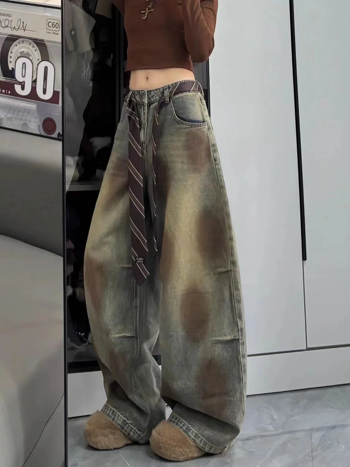 Vintage Y2K Gothic Baggy Jeans Haftowane spodnie dżinsowe z szerokimi nogawkami Streetwear Aesthetic Trousers dla mężczyzn