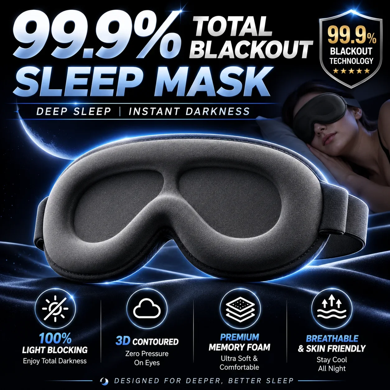 3D Sleep Mask Memory Foam Blackout Zero Pressure Eye Mask Lash Extension Friendly Nose Bridge No Light Leak Travel Sleep Mask
