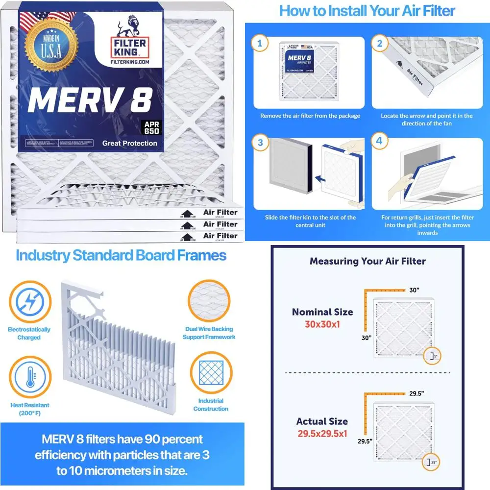 

HVAC Pleated Air Filters 6-Pack MERV 8 for A/C and Furnace, Actual Size 16.38x21.5, Made in USA, High-Quality Air Filtration