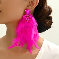 Colorful Feather Inlay Shiny Glass Decor Drop Earrings For Women Luxury Elegant Style Statement Jewelry Prom Charms Accessories