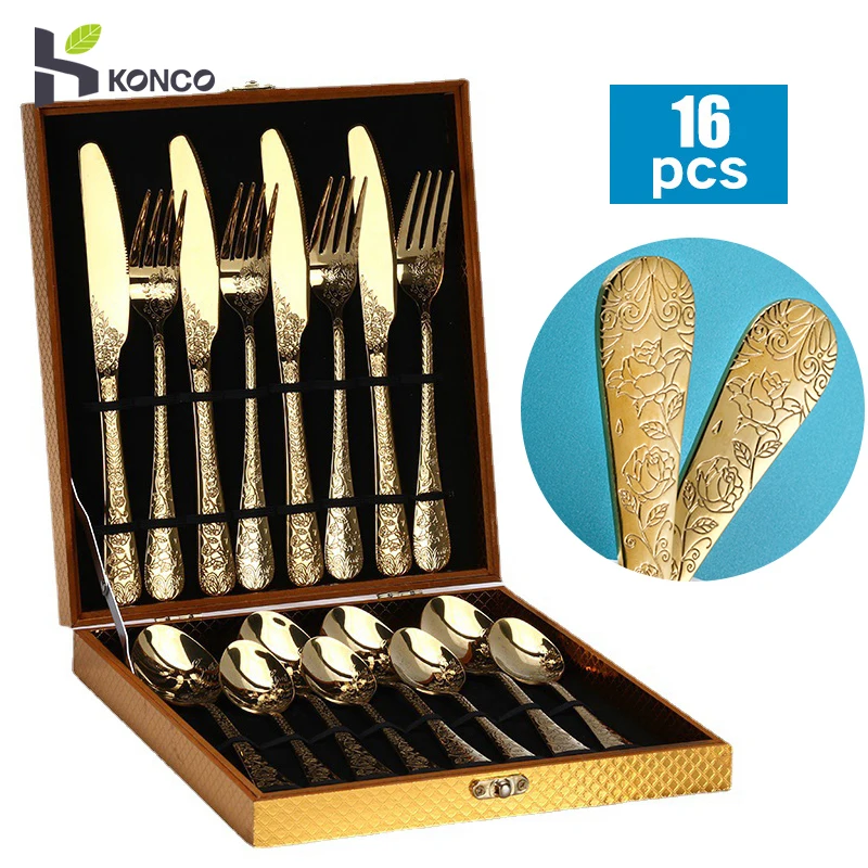 5/16pcs Gold Dinnerware Set Fork Knife Coffee Spoon Cutlery Set Luxury Stainless Steel Western Flatware Set With Gift Box