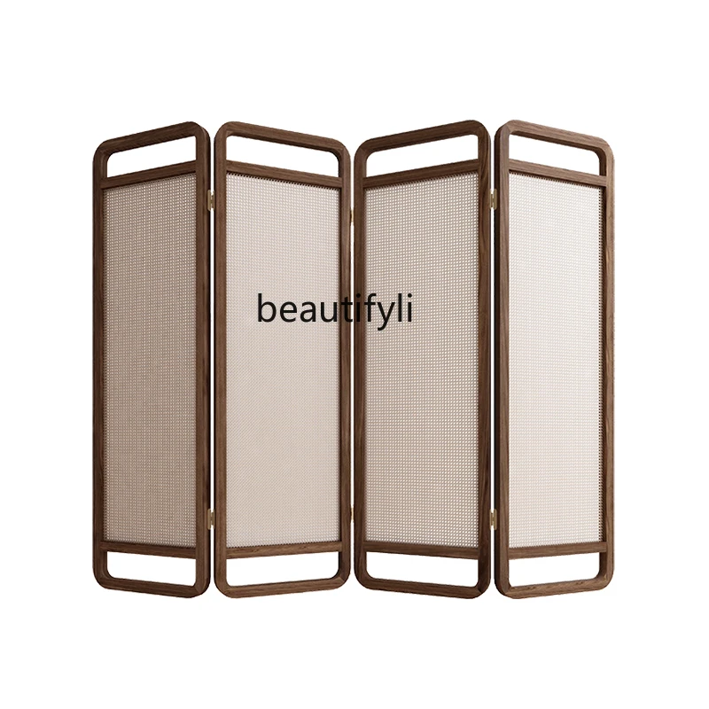 New Chinese Screen Simple Silent Rattan Surface Folding Mobile Accordion Partition Partition Ash Wood