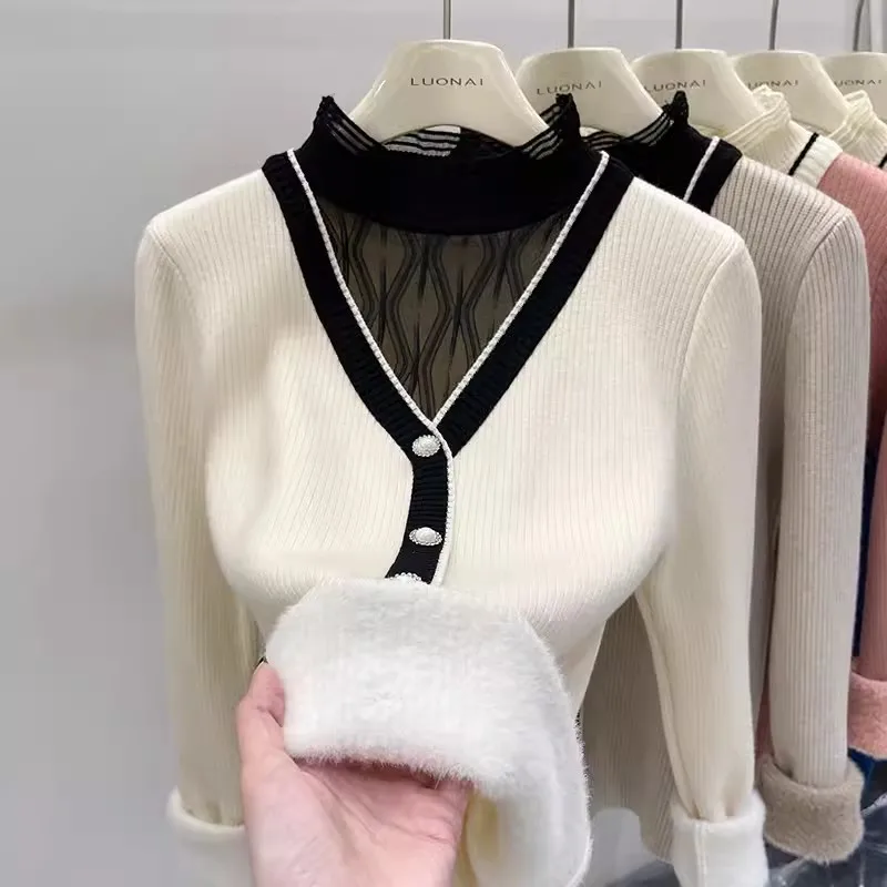 Suéter feminino falso de duas peças com gola simulada, top de malha de malha de veludo para camadas de outono/inverno