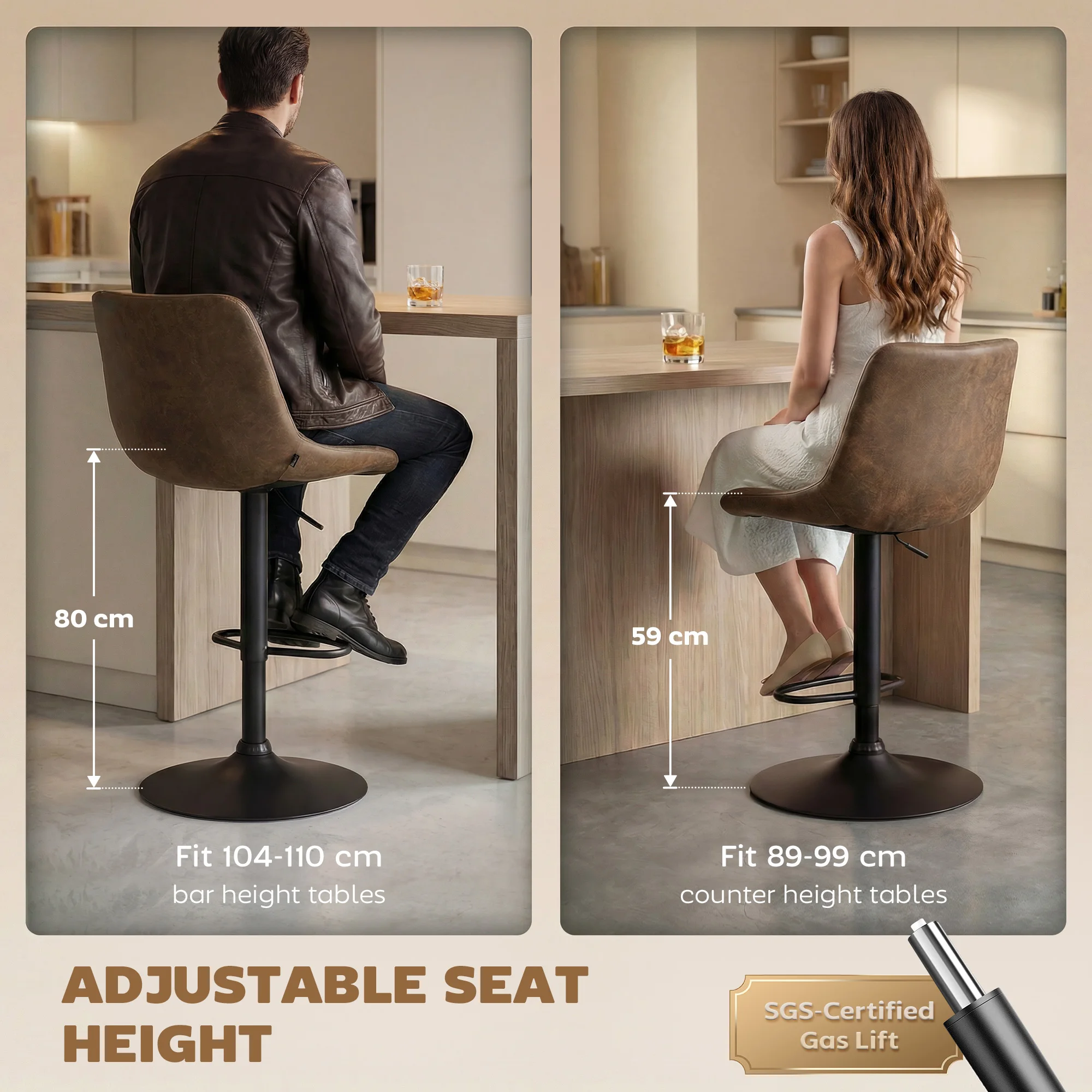 HOMCOM Set Of 2 Microfibre Retro Tub Bar Stools Metal Frame Footrest Seat Brown