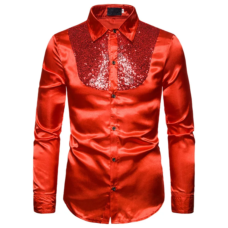 Mens Shiny Sequins Silk Satin Dress Shirts White Long Sleeve Button Up Shirt Men Disco Party Stage Singer Prom Camisa Masculina