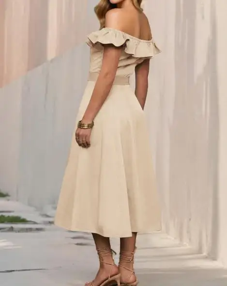 

2025 Women's Fashion Vintage High Waist Dresses Commuting Female Temperament Single-Breasted Slim Ruffled A-Line Dress with Belt
