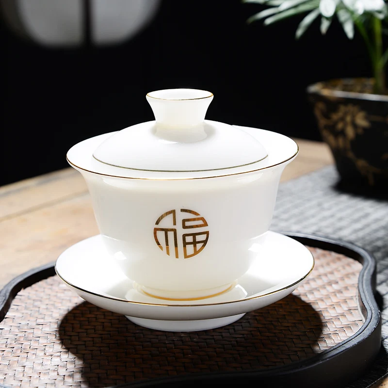 Gaiwan Chawan Tea Cup Puer Bowl Set Soup Tureen Chinese Kung Fu Mugs Porcelain Ceramic Tableware Ceremony Embryo White Akadama