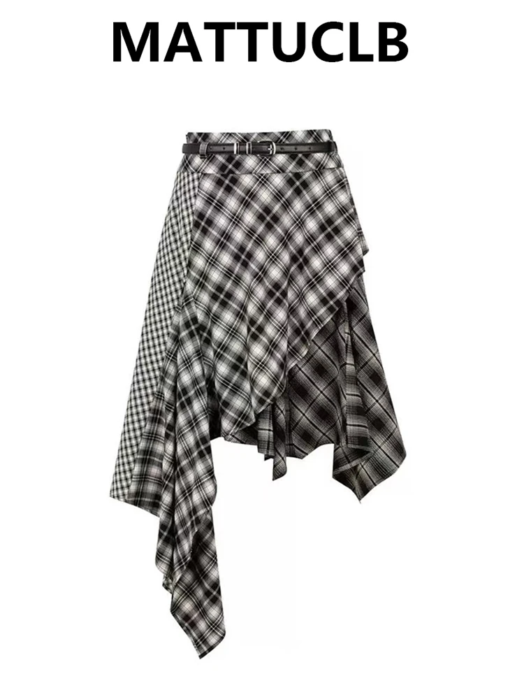 Autumn Winter Women Vintage Plaid 2000s Midi Skirt Asemetrical Korean Fashion Harajuku Japanese A-line Dark Academia Tide New