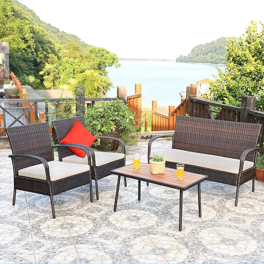 

4PCS Patio Rattan Sectional Sofa Set,Outdoor Conversation Set w/Cushions&Acacia Wood Coffee Tabletop for Backyard,Poolside,Brown