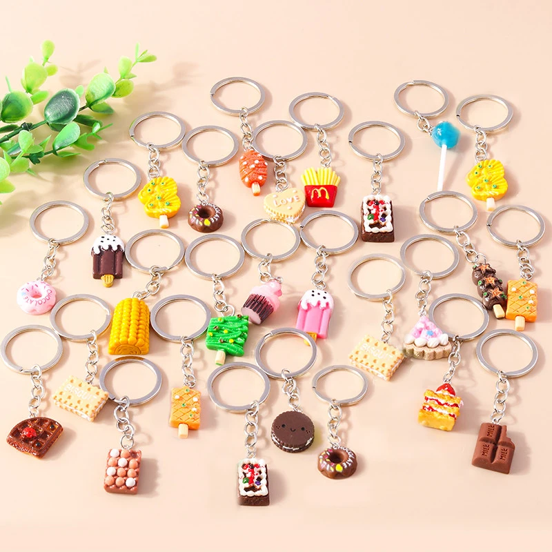 Lovely Cartoon 3D Food Keychains Donut Cookies Chocolate Ice Cream Key Ring for Car Key Holder Handbag Pendant DIY Jewelry Gifts