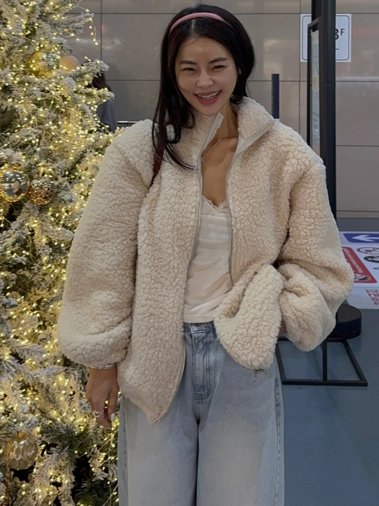 

Spring 2026 Women's Thiened Lamb Fur Jaet Zipper Collar Warm Versatile Faux Fur Outerwear Korean Sle Waist-Cinching