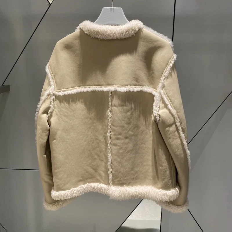 الليمون الجبن LUC25 الشتاء Faion جولة Ne لامب الفراء المرقعة معطف دافئ Ele Sle المرأة ort ملابس خارجية تخفيف الرياح #4