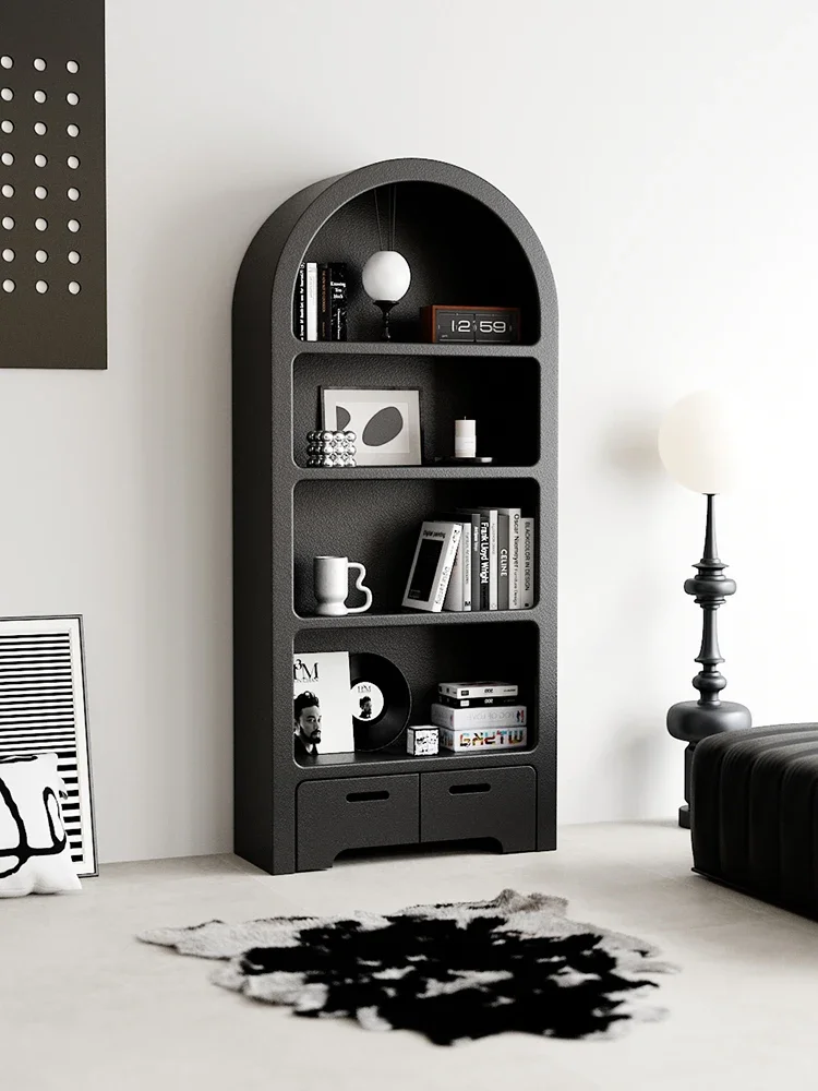 Cream Style Bookcase Shelf Against Wall Display Cabinet Living Room Arched Cave Cabinet Black Floor to Floo