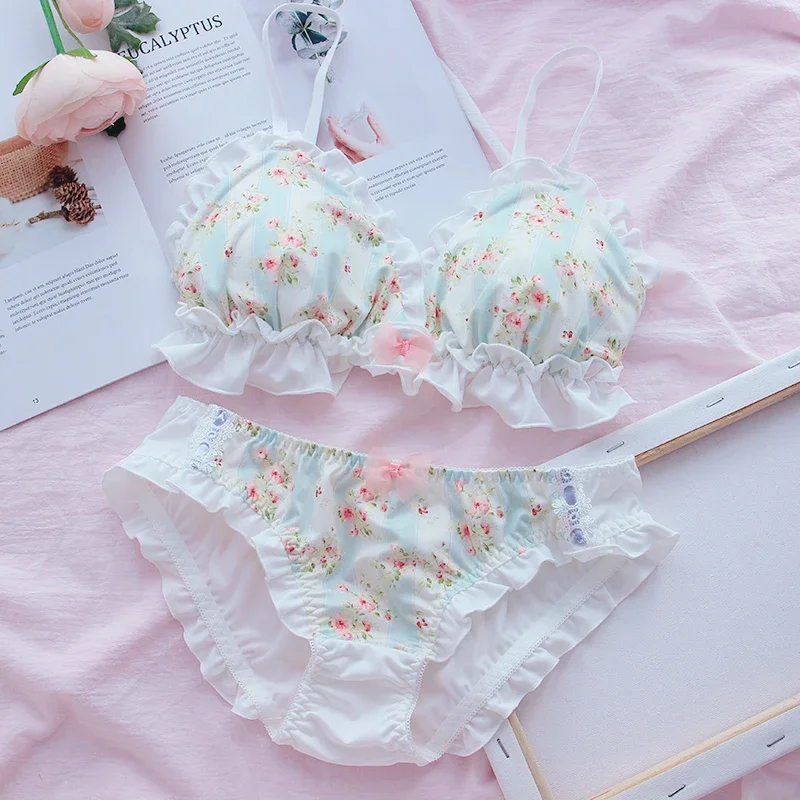 Japanische Push-up Bra lette weichen Blumen druck Spitze Rüschen Unterwäsche Set frische BH Höschen Set drahtlose Intimates Set Kawaii Lolita