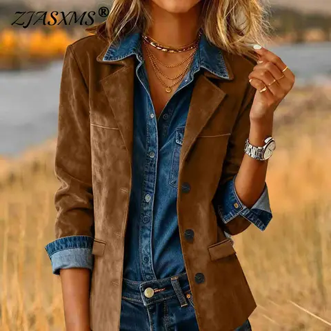 Vintage Soft Solid Faux Suede Jacket Woman Elegant Turn-down Collar Button Autumn Coat New Long Sleeve Winter Cardigan Outerwear