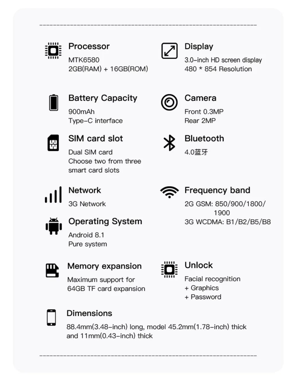 ONEMYTH A17 3G Mini Smartphone Android 8.1 Dual SIM Standby 3.0 Inch HD Mobile Phone 2GB+16GB 900mAh Small Original Cell Phone