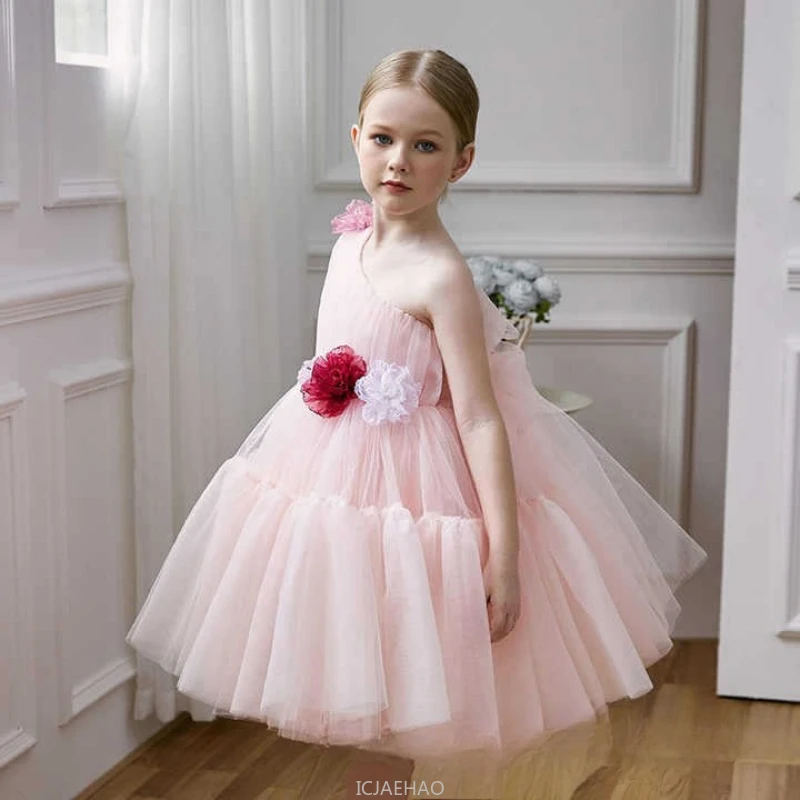 

Elegant Pink Off Shoulder Flower Girl Dress New Clothes Kids Piano Recital Pageant Gown 3D Floral Wedding Birthday Party Outfit