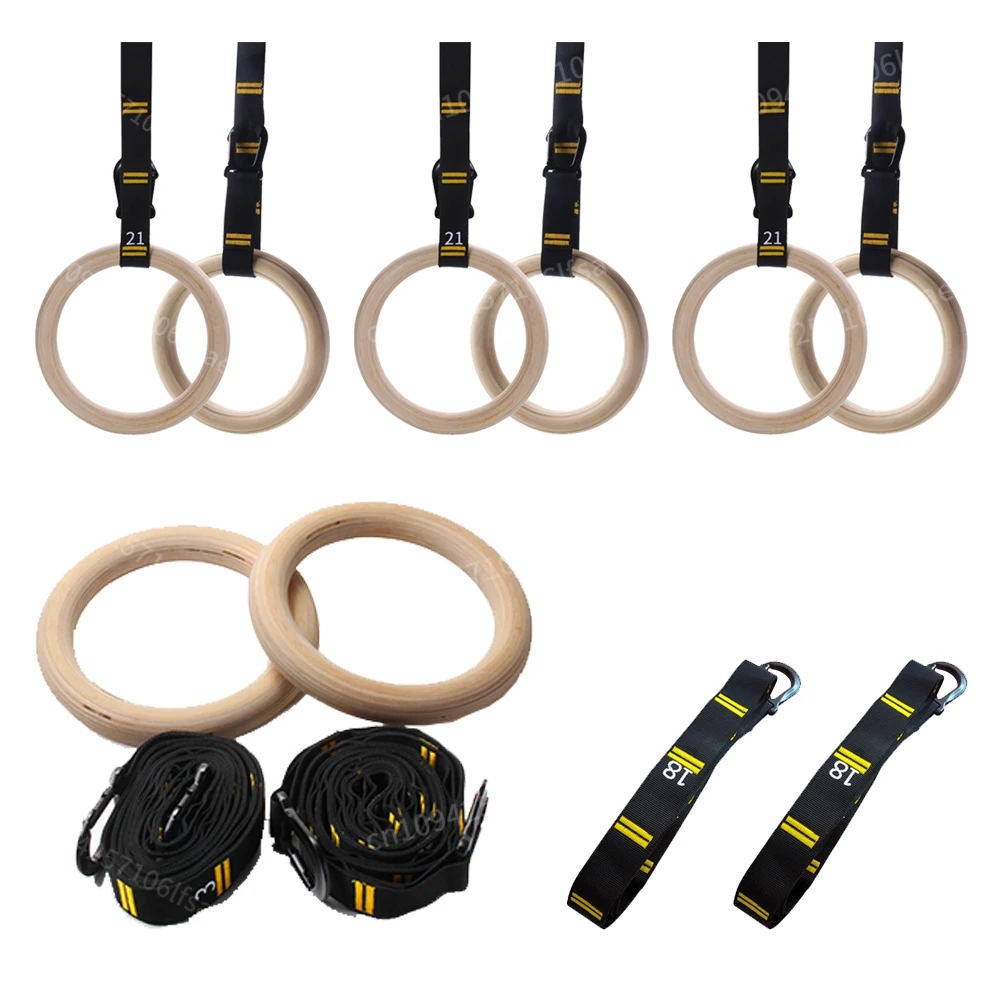 

Wood Gymnastics Rings with Adjustable Straps Pull Up Gym Rings Multi-Function Strength Training Equipment for Home Gym