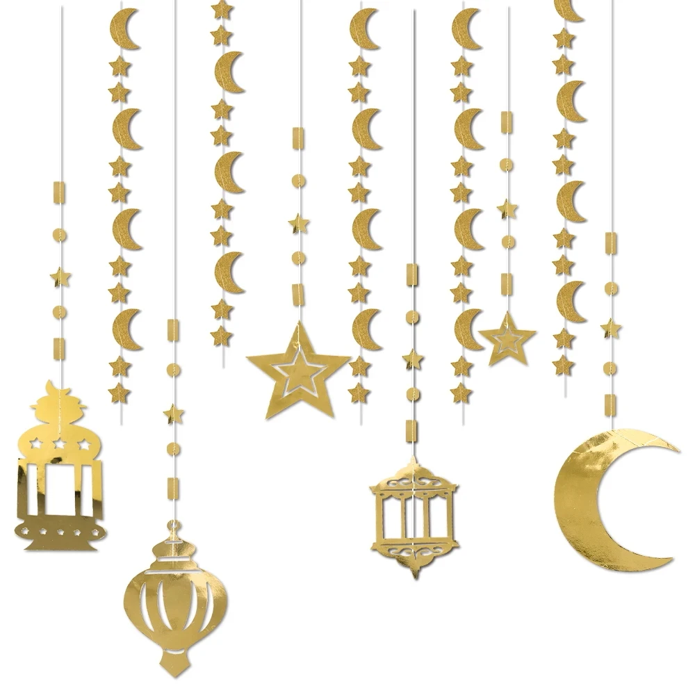 Glitter Paper Ramadan Gold Star Moon Lantern Garland Hanging Streamer Eid Mubarak Banner Ramadan Kareem Eid-al-fitr Islamic Deco