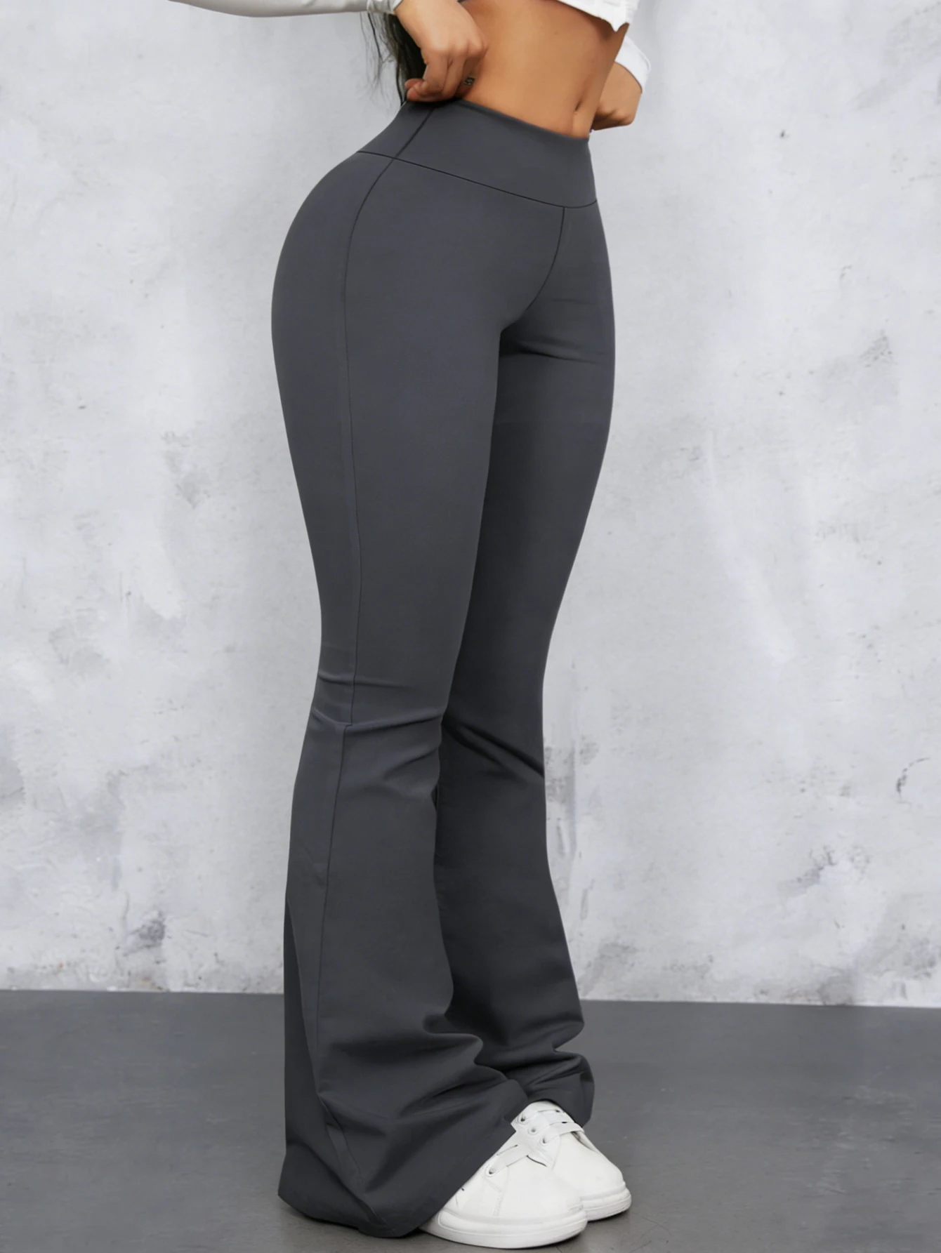 Women High-waisted Dark Gray Flared Pants Hip-lifting, Spring Style Size-matched Slim-fit Pants Summer Casual Sports Pants