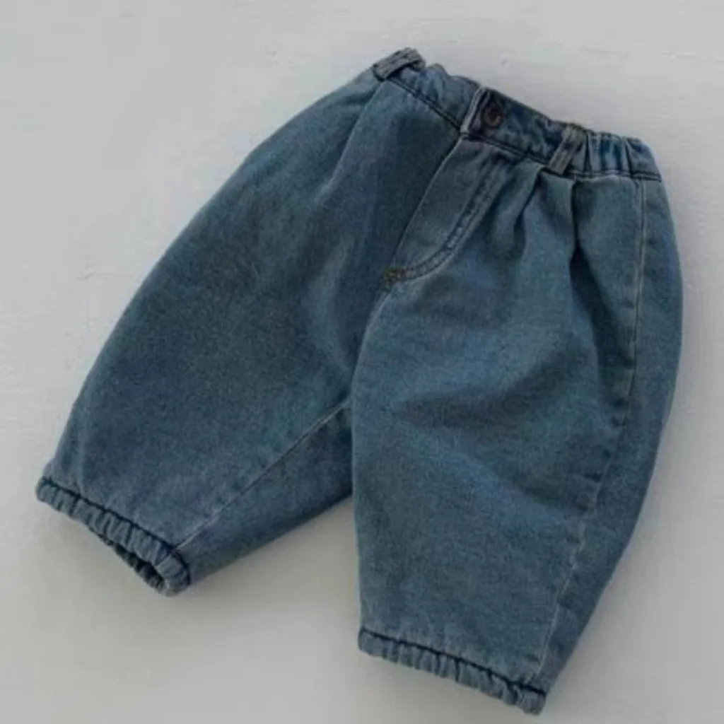 2024 Winter New Baby Plus Velvet Thick Denim Trousers Children Windproof Warm Casual Pants Infant Jeans Boys Girls Harem Pants