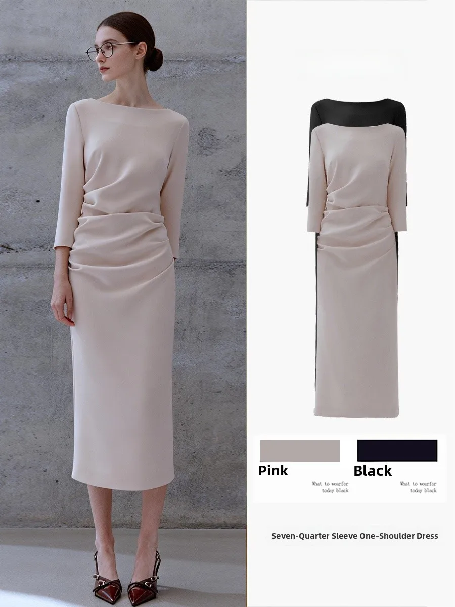 

Elegant Shoulder Bared Dress Women's Summer New Waist Cinched Professional Skirt Design Sensation Light Maturity Seven S...