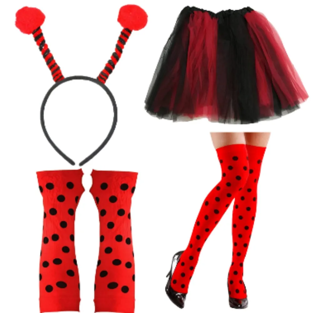 Ladybug Dress Up Fur Ball Headband Black and Red Skirt Ladybug Polka Dot Gloves Black and Red Spotted Socks