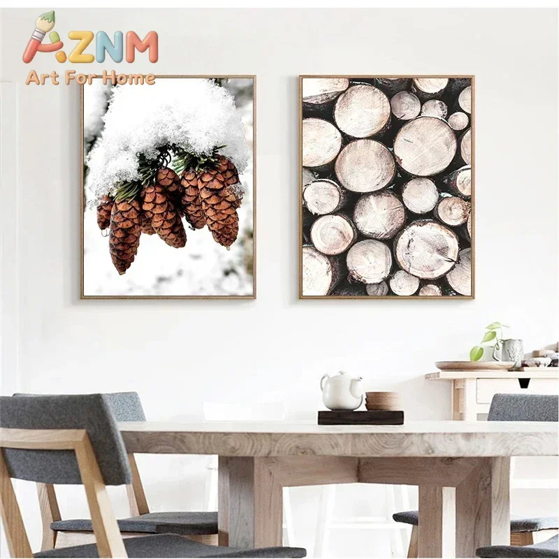 AZNM Winter Snowy Pine Cone Firewood Canvas Wall Art Rustic Log Wood Print Poster Farmhouse Neutral Home Decor