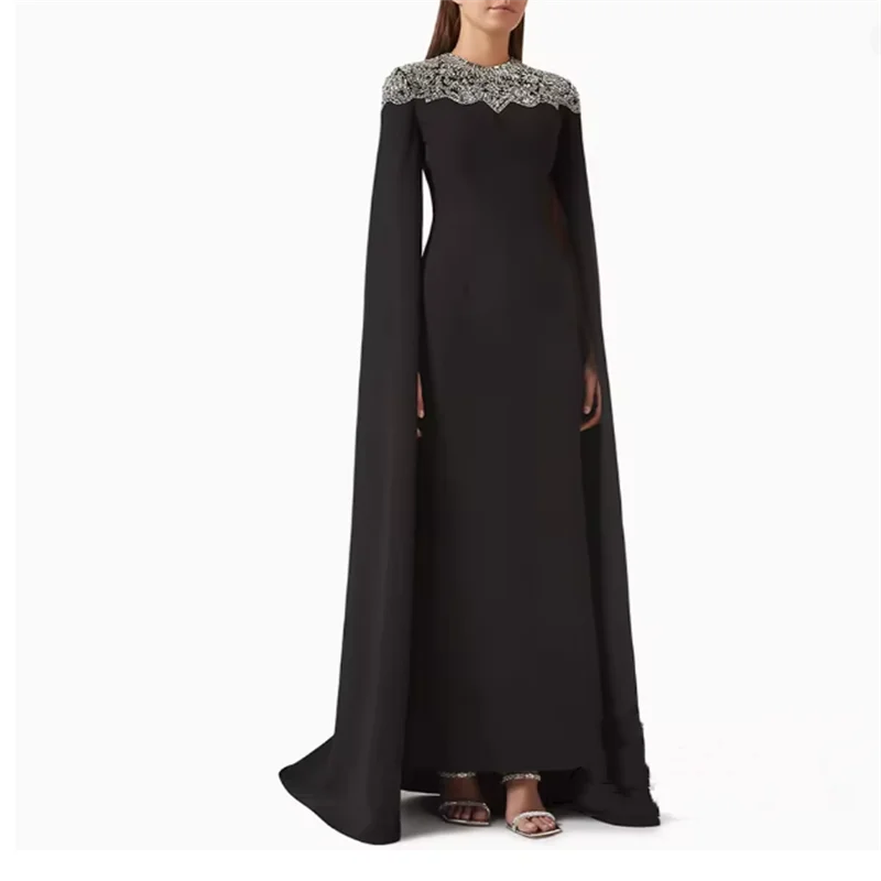 

Saudi Elegant Evening Dress for Weddings Customized Round Neck Sleeve Cape Beading Rhinestone Ankle Length Arabian Party Gown