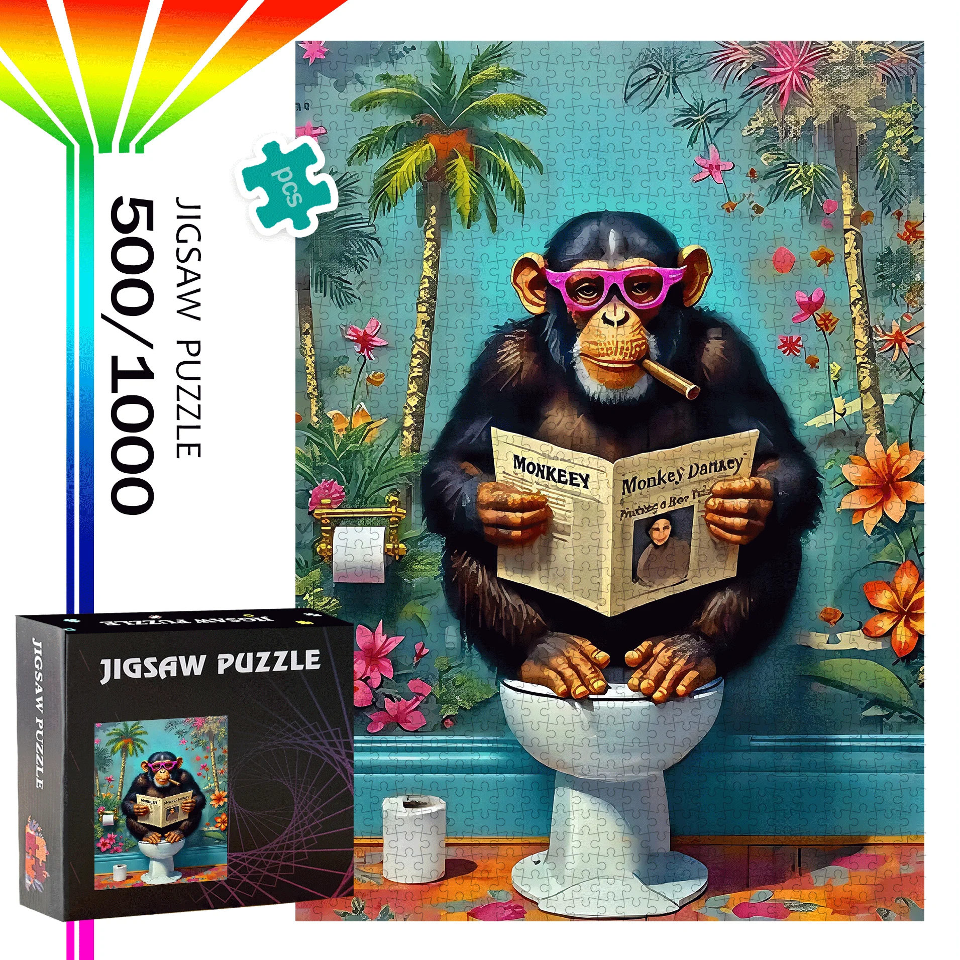 Gorilla & Glasses Jigsaw Puzzle 500pcs/1000pcs Large Family Interactive Game Gift, DIY Home Decoration Brain Challenge for Bir