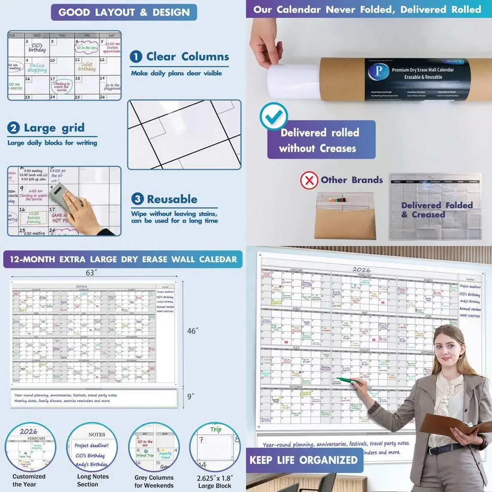 تقويم جداري كبير الحجم ومسح جاف لمدة 12 شهرًا، 55 × 63، مخطط عائلي عملاق، لوحة جدول سنوي قابلة لإعادة الاستخدام