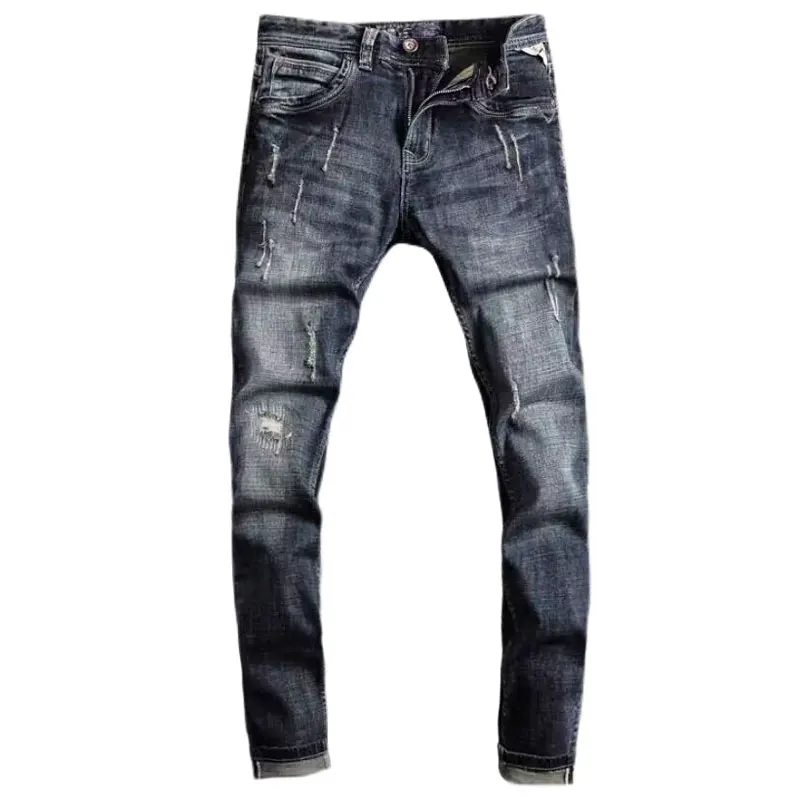Newly Designer Fashion Men Jeans Retro Black Blue Elastic Slim Fit Frayed Ripped Jeans Men Vintage Casual Denim Pants Hombre