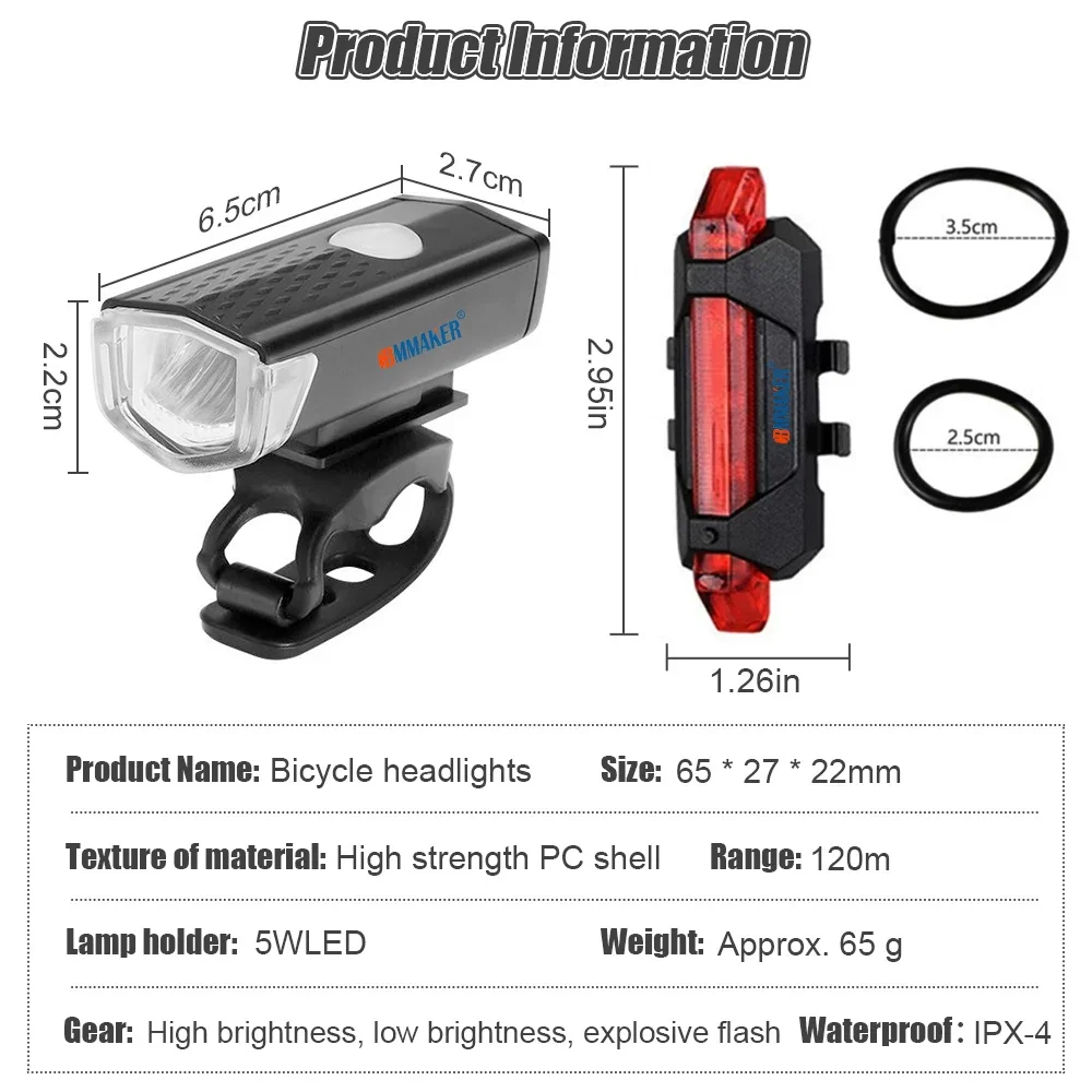 USB Bicycle Light Mountain Cycle Front Back Bike Light Taillight Waterproof Cycling Warning Light Bicycle Flashlight