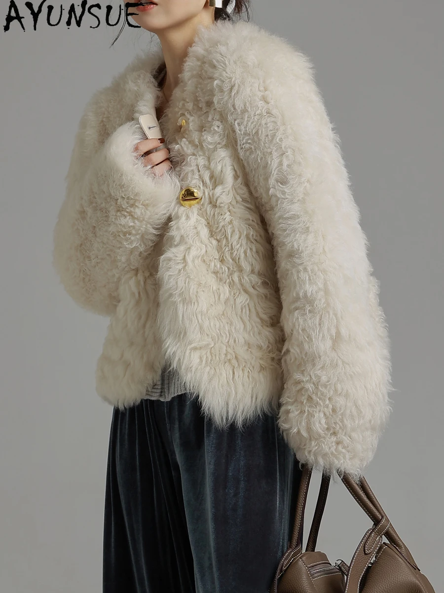 معطف فرو من جلد الغنم الطبيعي من AYUNSUE نمط قصير سترة جلدية حقيقية للنساء جواكت شتوية 2025 ملابس فاخرة للسيدات Schulaba Жеenca