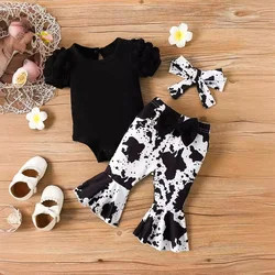 Newborn baby girl summer bubble sleeve bag buttocks triangle sweater full print+flared pants