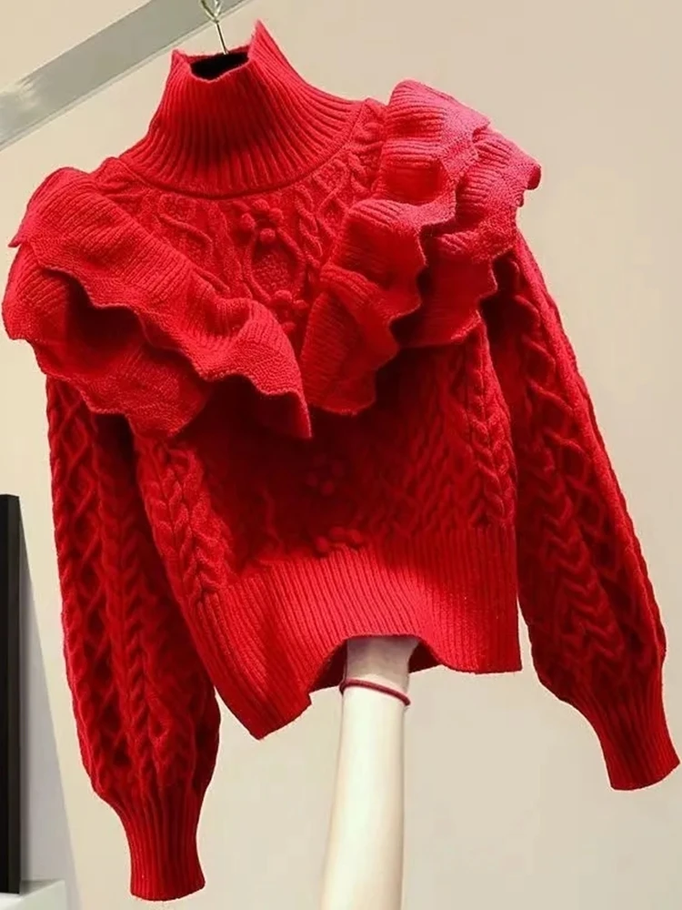 Knitted Autumn Pullover Sweater Women Turtleneck Ruffle Pleated Ladies Sweaters Top Long Sleeve Modis Korea Style Woman Top 2023